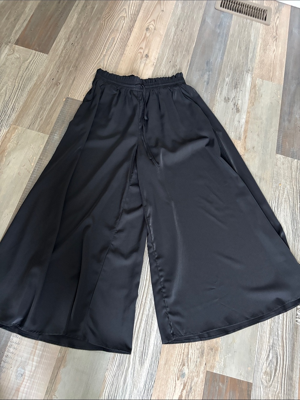 Black Wide-Leg Satin Palazzo Pants with Drawstring Waist